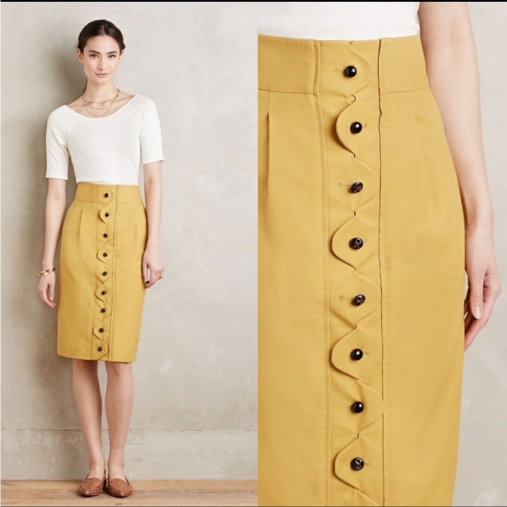 Anthropologie Maeve Mustard Scalloped Fitted Skirt. Size 4.